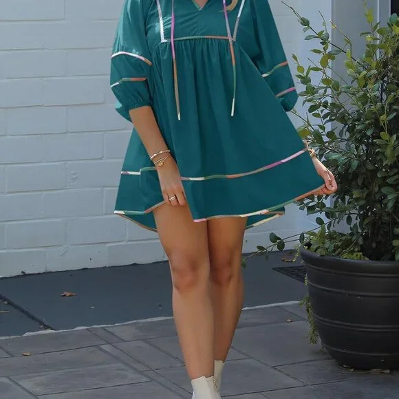 Women's Polyester Mini Dress V-Neck Puff Sleeve Loose Fit Casual Vacation